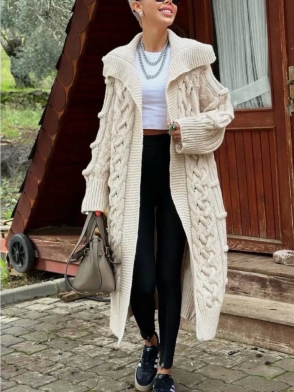 Zara Blogger Favorite Chunky Cable Knit Coatigan Sweater Coat Ecru S Open Front